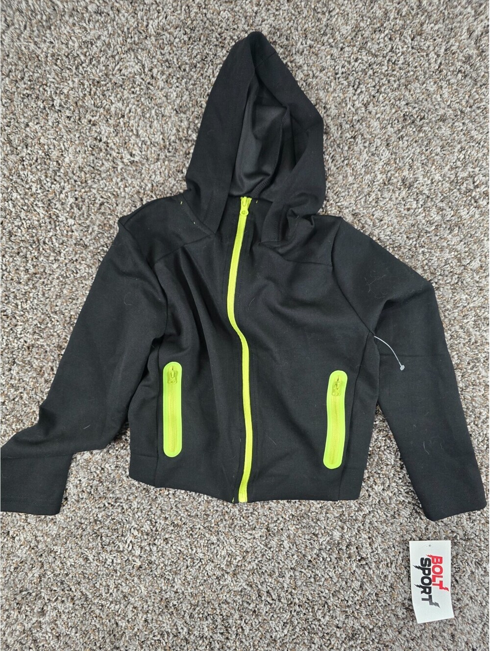 Bolt Sports Boys Sz 8 Full Zip Up Hoodie Black w/ Neon Green Trim NEW